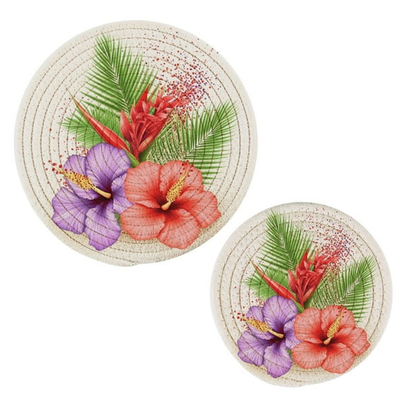 Cotton Rope Pot Holder Set of 2 Kitchen Trivets Tropical Flower Arrangement Potholdersfor Hot Pans & Dishes