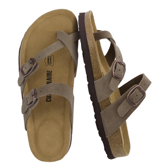 Cushionaire Lucky 100% Genuine Leather Suede Womens Sandals, Comfortable Cork Footbed Slides for Women with Adjustable Buckles