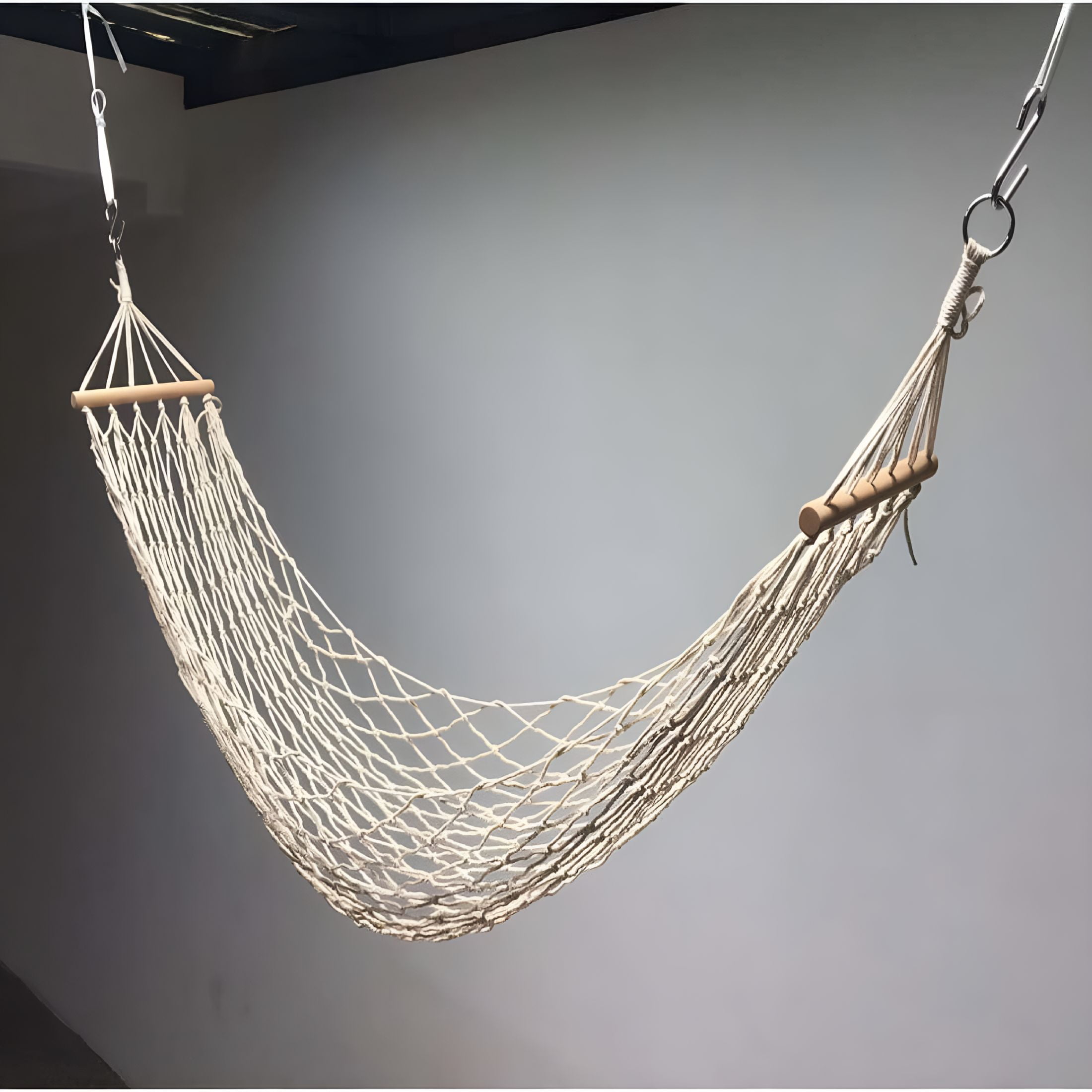 LAMIRO Cotton Rope Hammock, Hanging Net, Hammock for Indoor or Outdoor, Hammock with Wooden Stick, with Tie-Down Bag Strap for Backyard, Patio, Beach, Camping 110*220cm (White)