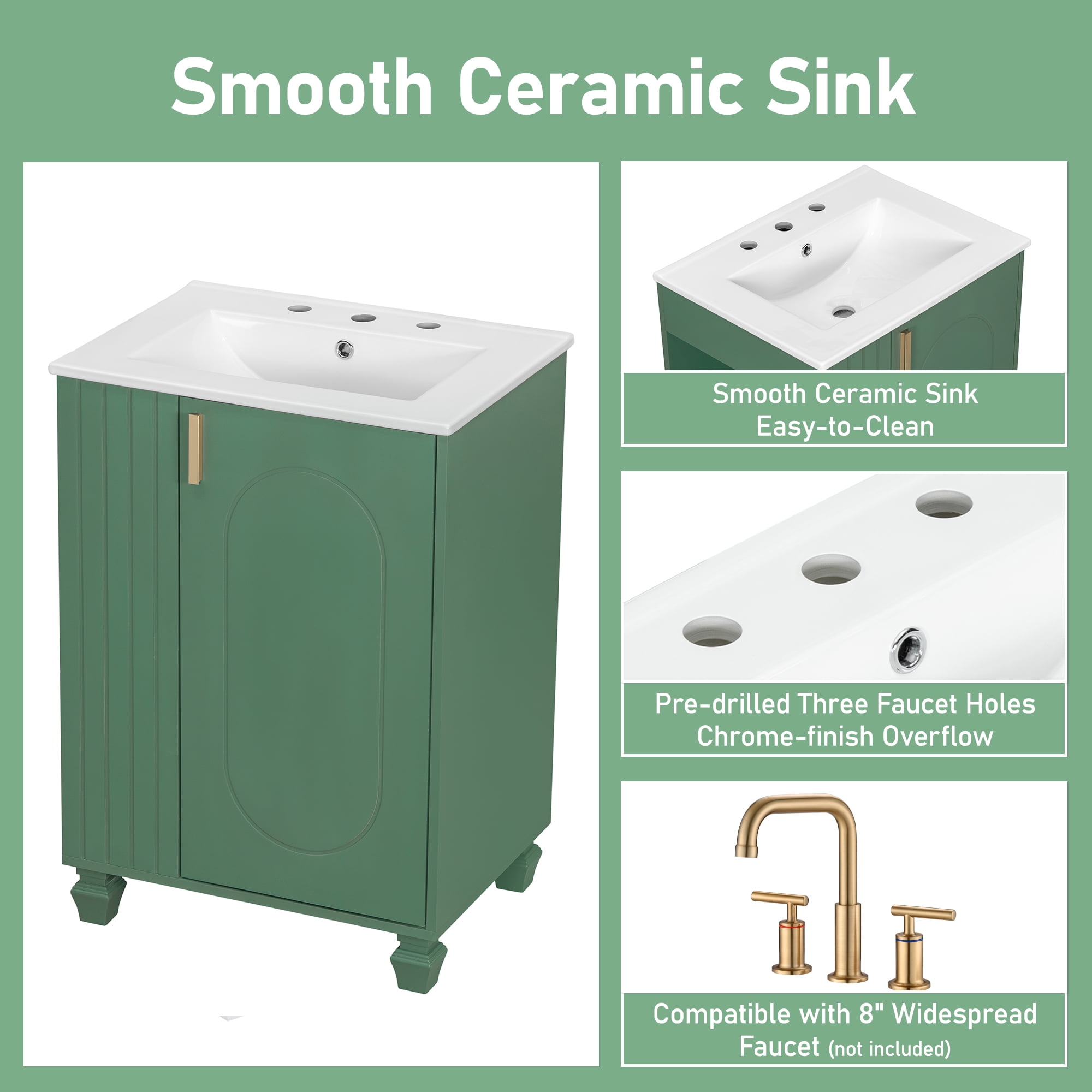 Euroco 30" Freestanding Bathroom Vanity with Ceramic Sink, Solid Pine Wood Frame, Soft-Close Door & Shelves – Modern Storage Cabinet with Open Back for Easy Plumbing (Faucet Not Included)