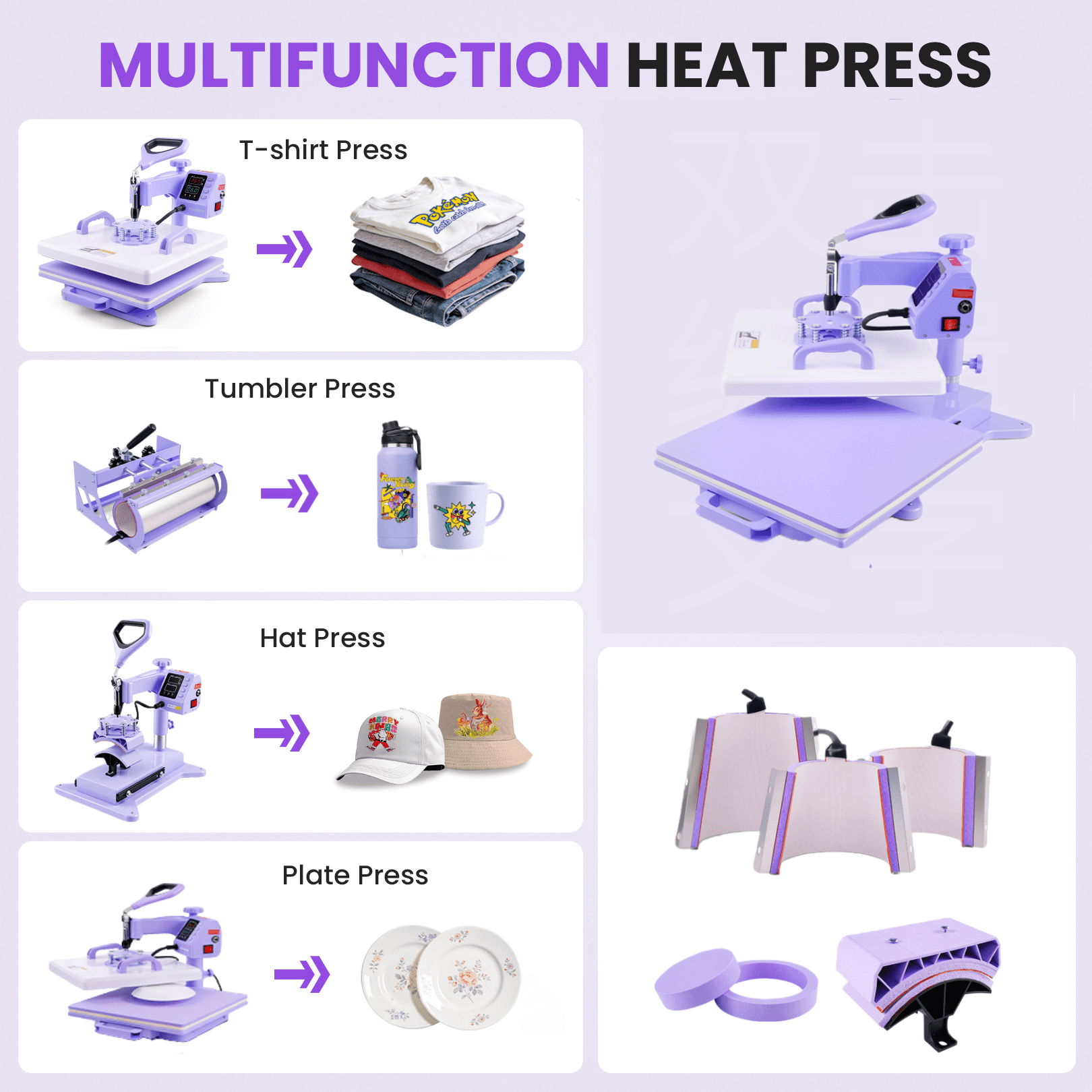 Adnoom Heat Press 15x15, 8 in 1 Multifunctional Shirt Press Machine Combo, 360° Swing Away Sublimation Heat Transfer with LED Display for T-shirts Mugs Hat Plate Cap, Purple