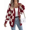thumbnail image 2 of Women'S Autumn and Winter Contrast Color Plaid Lantern Sleeve Cardigan Sweater Mid-Length Coat Wine Red L, 2 of 9