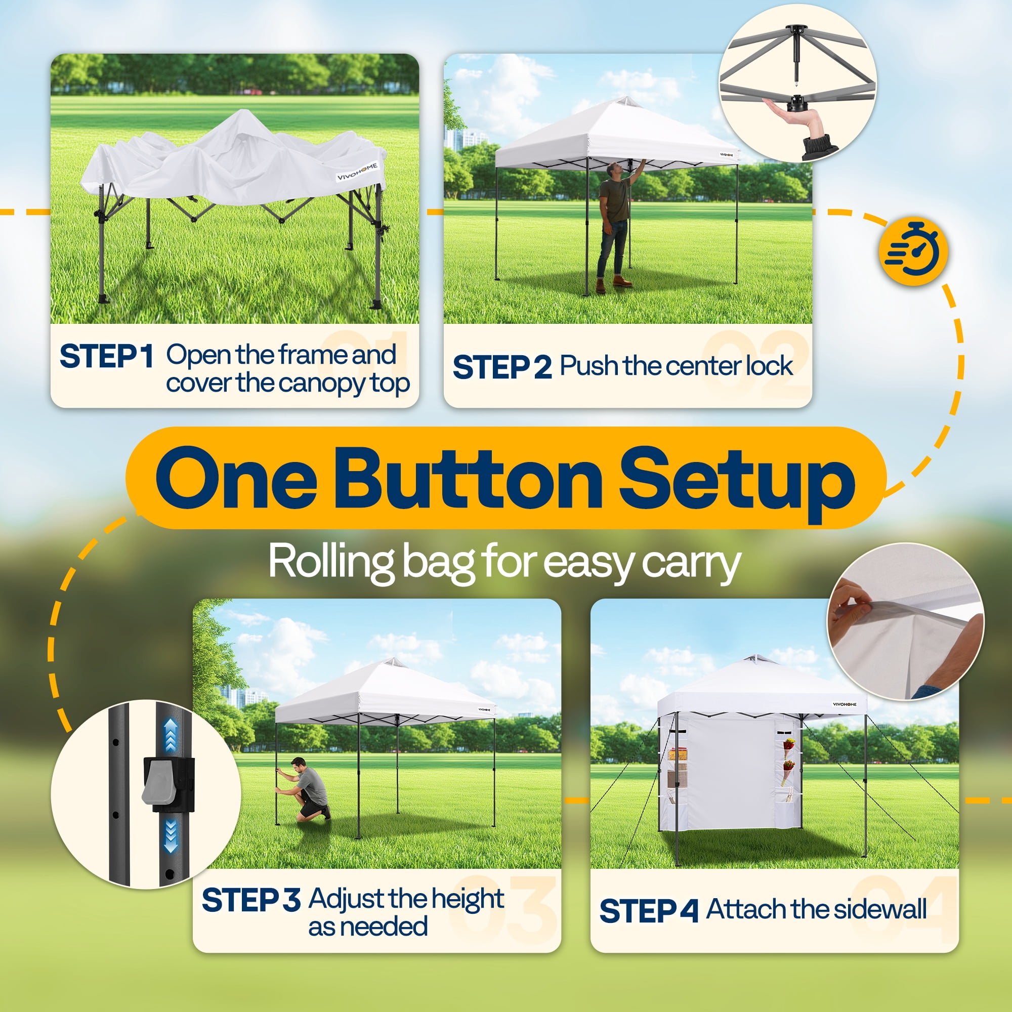SPECSTAR 10'x10' Pop Up Canopy, One Push Set-up Tent with 1 Sidewall for Outdoor, White