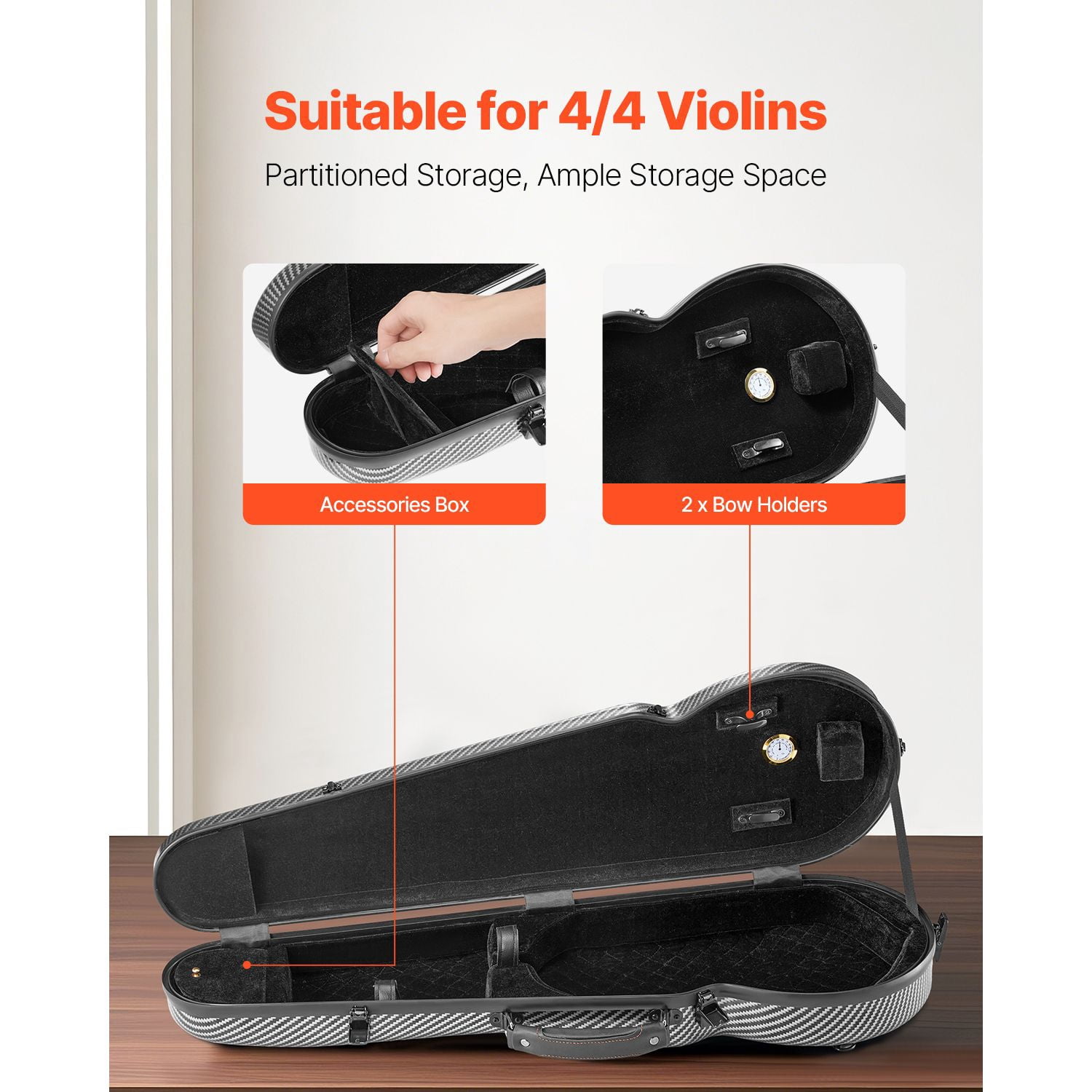 4/4 Full Size Violin Case, Built-in Hygrometer, Lightweight Portable Travel Carrying Bag, with Plush Lining, Dual Shoulder Straps, Anti-Scratch, Professional Triangular Shape, for Violin, Black