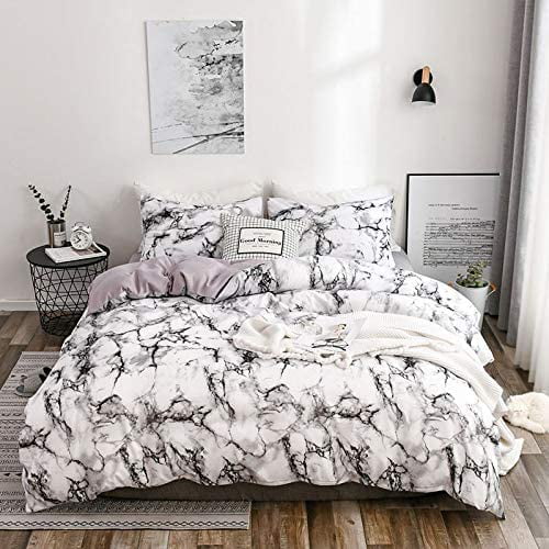 Soft Microfiber Bedding 3pcs, Full Size Marble Comforter Set Grey Gray Black and White with Gold Geometric Lines Modern Pattern Printed Wake In Cloud 