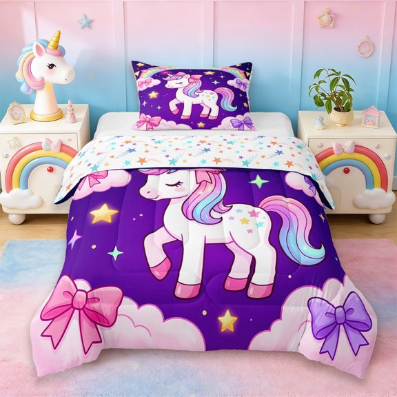 Erosebridal Kawaii Unicorn Kids Twin Comforter Sets,Cute Bowknot Kawaii Stars Rainbow Bedding Set For Girls,Reversible 2-Piece