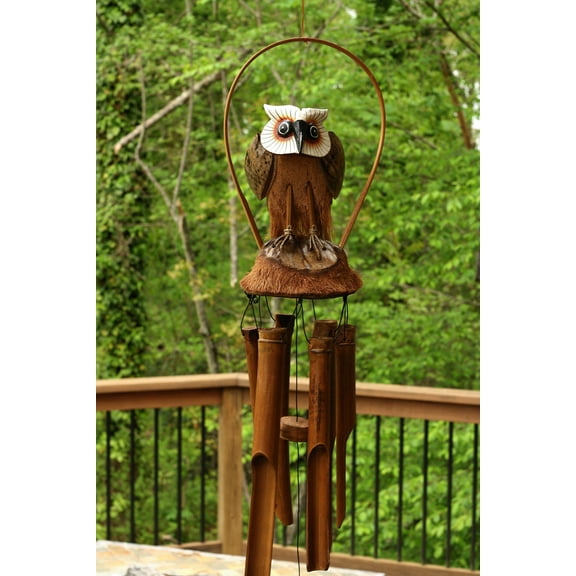 Handmade Wooden Standing Owl Bamboo Wind Chime Wood Statue Figurine Hoot Sculpture Art Rustic Patio Garden Outdoor Decor Handcrafted Decoration