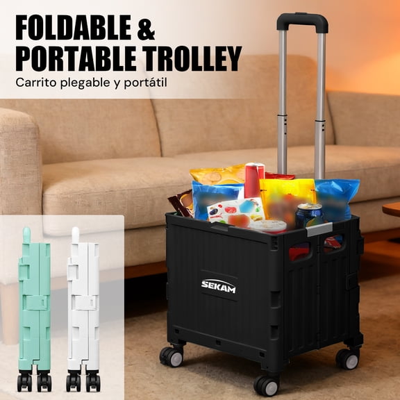 SEKAM Collapsible Rolling Crate with Wheels and Lid, Portable Utility Cart Hand Truck, Heavy Duty Foldable Box with Telescoping Handle for Teachers & Shopping,Black