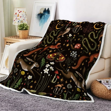 Fairy Rustic Forest Throw Blanket, Country Woodland Wild Animals Butterfly Mushroom Set Hunting Fleece Blanket, Farmhouse Rustic Cabin Lodge Soft Plush Blanket,50X60IN