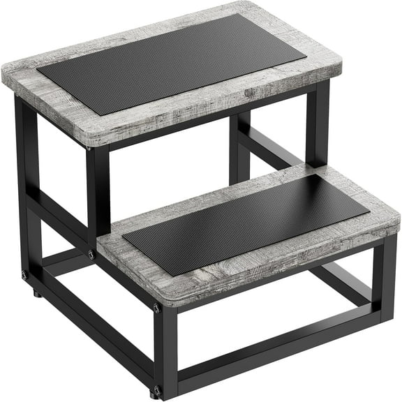 Step Stools for Kids Adults, Heavy Duty Stepping Stools Bed Steps for High Beds, Non-Slip Metal and Wooden 2 Steps Foot Stool for Bedside Kitchen, Round Corner, 500 Lbs Capacity, Gray Pattern