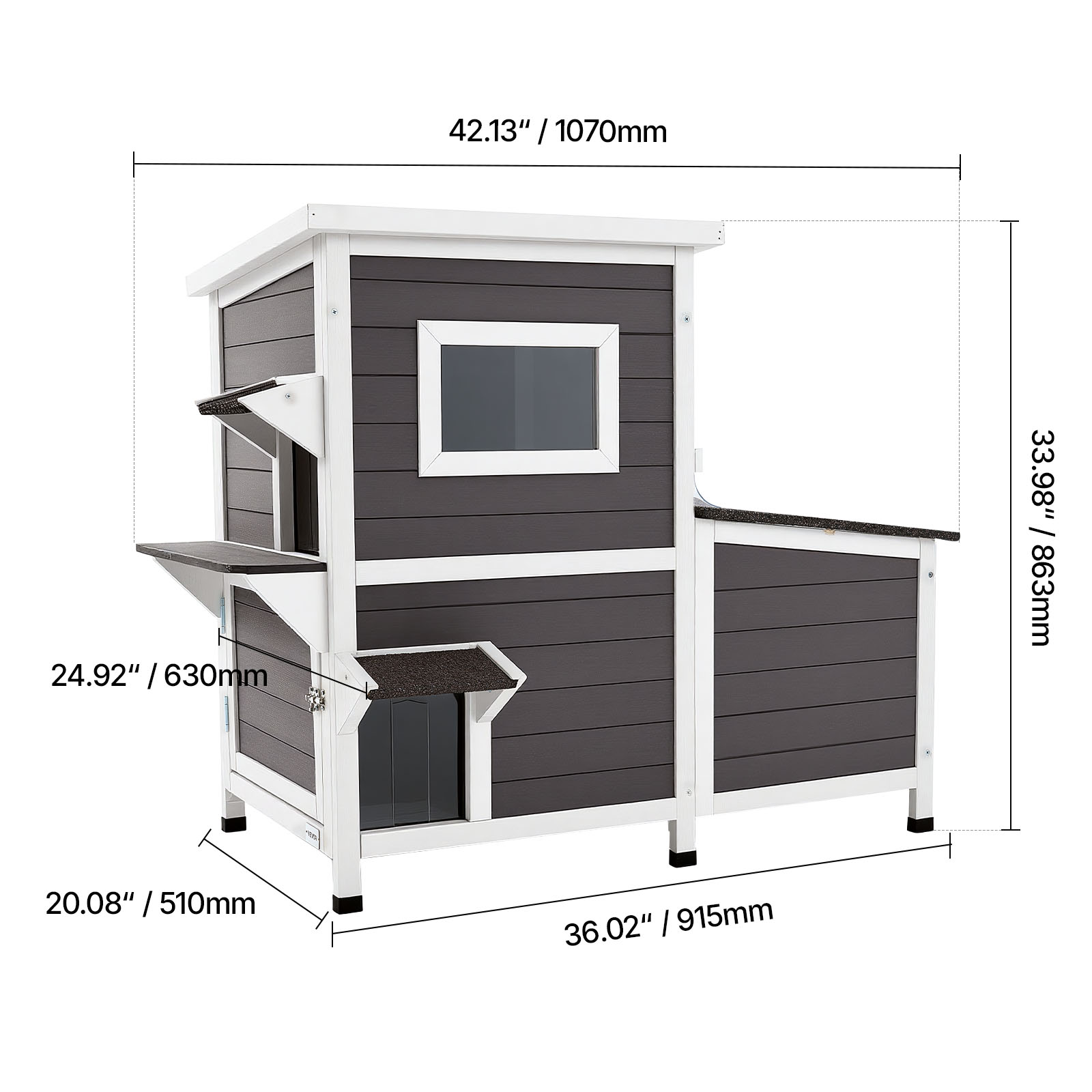 VEVOR Outdoor Cat House,2-Story Wooden Cat Shelter for 3 Outside Cats in Winter,Elevated Feral Kitty Shelter with Stairs, Clear Window & Flap Doors,Waterproof Cats Condos for Garden 42 × 25 × 34 in