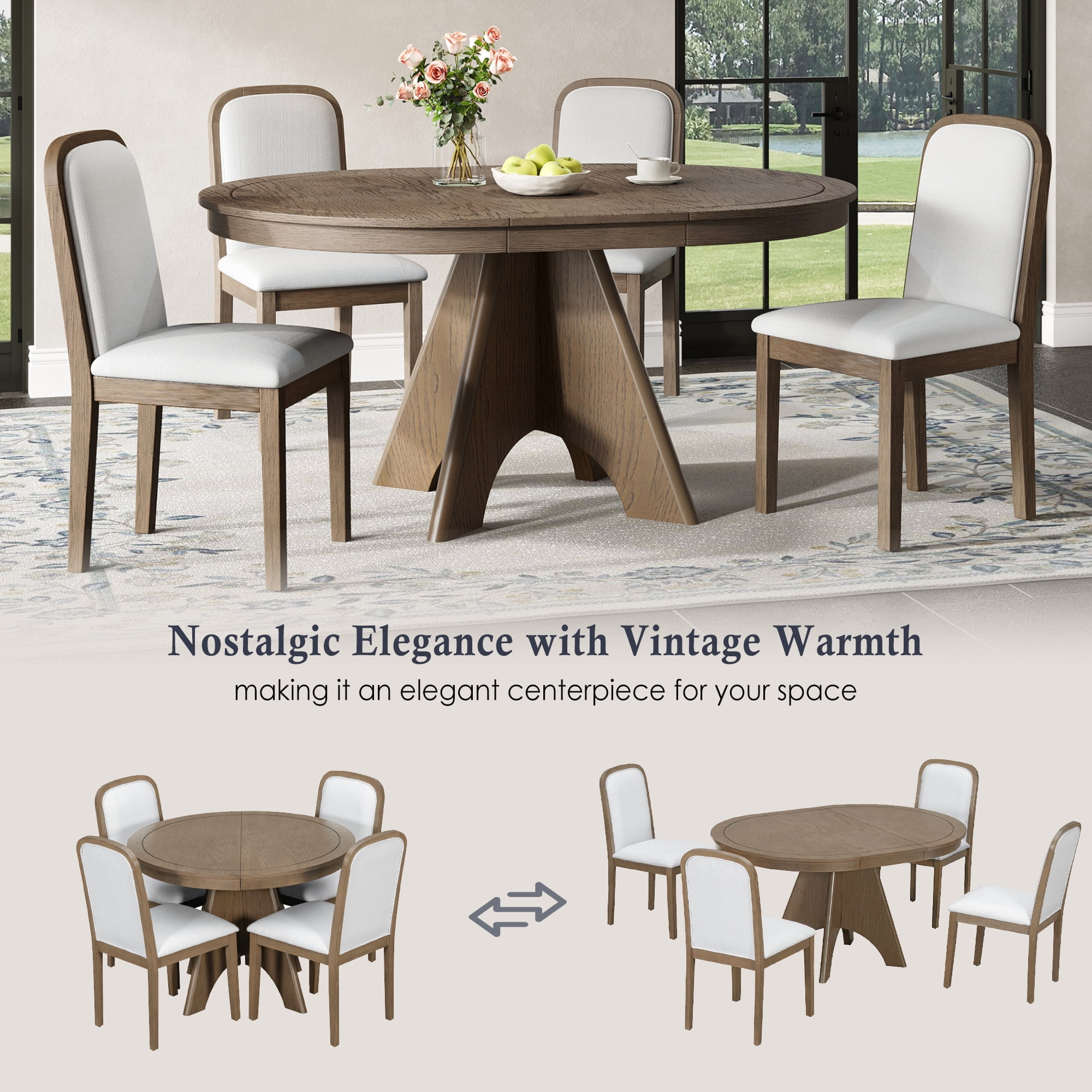 Euroco Round Dining Table Set for 4-6, 42in-58in Extendable Kitchen Table Set with 4 Upholstered Chairs and Crossed Legs, 5 Piece Wood Oval Dining Set for Small Space,Espresso