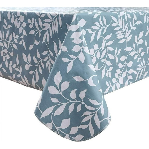 Vinyl Tablecloth with Flannel Backed Waterproof Oil-Proof PVC Table Cloth Wipeable Spill-Proof Plastic Table Cover for Indoor and Outdoor(Blue Leaves, 60 x 102 Inch Rectangle)