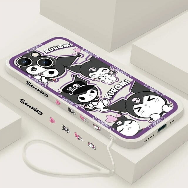 Kuromi Melody Cartoon For iPhone 15 14 13 12 11 Pro Max 8 7 Plus XR XS X Liquid Left Rope Phone Case