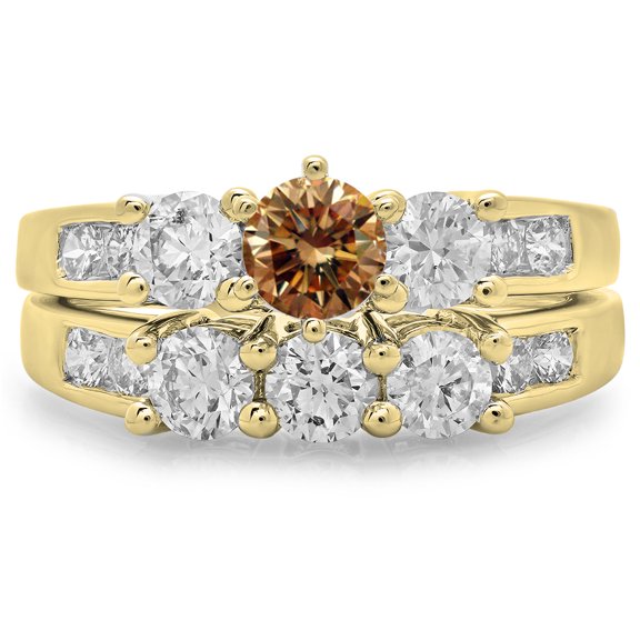 Dazzlingrock Collection 2.25 Carat (ctw) 14K Round Champagne & White Diamond Engagement Ring Set 2 1/4 CT, Yellow Gold, Size 5