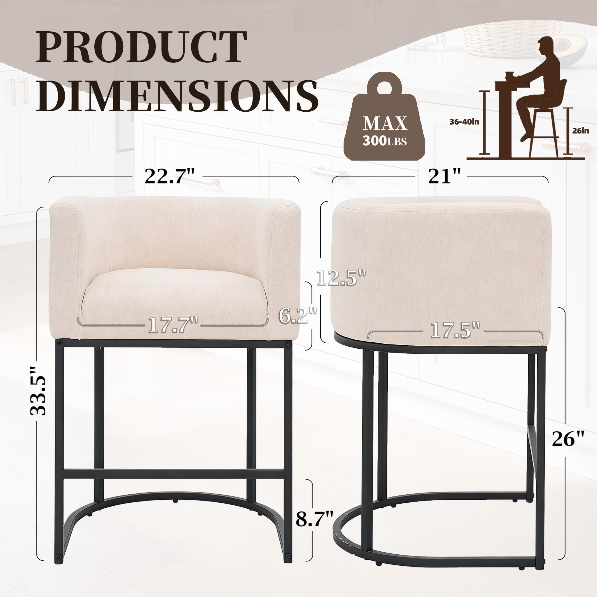 CRERIYO 26" Counter Height Bar Stools Set of 2, Fabric Upholstered Modern Barrel Bar Chairs with Metal Frame, Beige