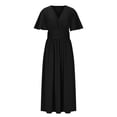 thumbnail image 4 of Vestido Maxi de Manga Larga para las Mujeres Caída Sólido de Manga Corta Cuello en V Plisado Vestido Maxi Midi, Cintura Elástica Boho Vestido de Playa con Bolsillos, 4 of 9