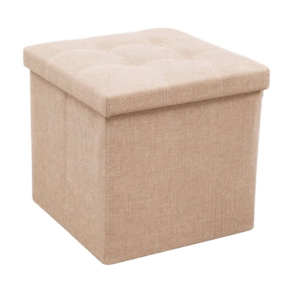 Storage Ottoman Cube, Khaki Linen Blend Foldable Single Seat, Square Ottoman for Small Space Living Room