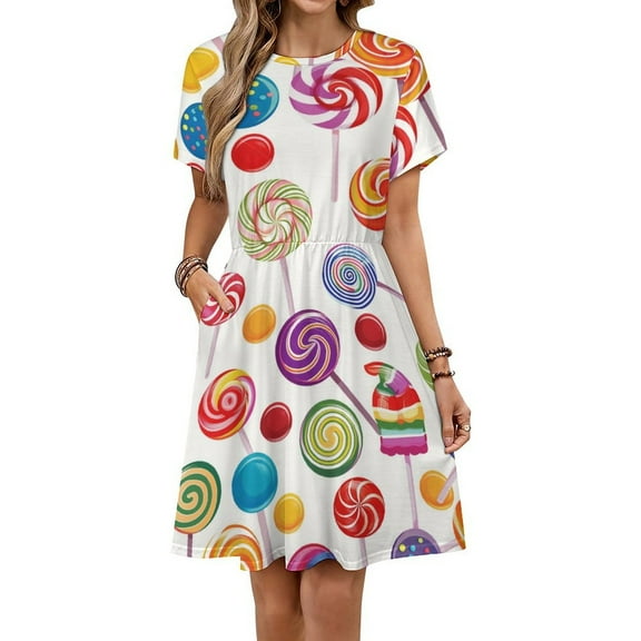 Sweets And Rainbow Lollipops Pattern Dress Summer Street Style Dresses Female Short Sleeve Printed Sundress