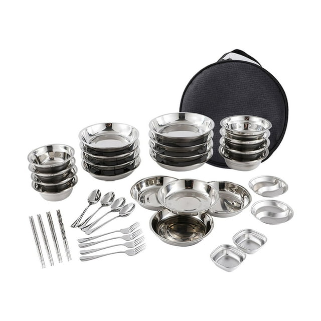 maskred Stainless Steel Plates and Bowls Camping Durable Set for Family Travel Party 36pcs