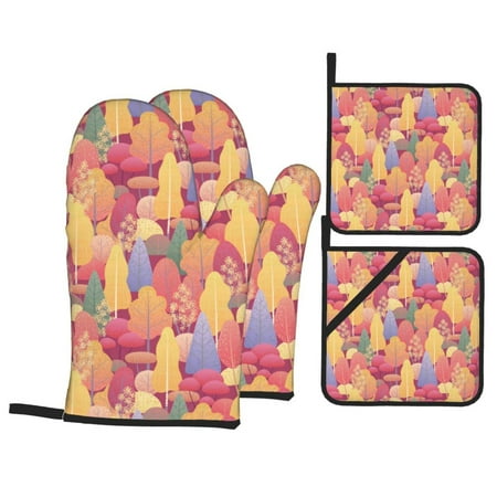 

Oven Mitts and Pot Holders Sets 4 pcs Colorful Autumn Forest Trees Non-Slip Oven Gloves Potholders Soft Quilted Lining Heat Resistant Gloves Hot Pads for Kitchen Cooking Baking