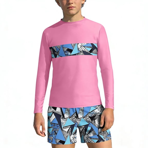 Pink Bathing Suits for Teens Rash Guard Swimsuits Set for Boys Hawaiian Print Long Sleeve Swim Shirt with Swim Trunks Vacation Modest Two Piece Swim Set for 3-14Years