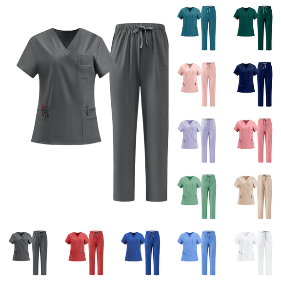 Medical Uniform Women's Scrub Set 4-Way Stretch Y-Neck Tape Top and Pants Grey S