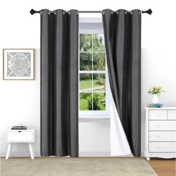 Gorgeous Home Linen Full Room Darkening Adam Blackout Faux Silk Window Curtain 2 Panels Grommets For Any Room 35" Wide X 84"Long each Charcoal Gray Color