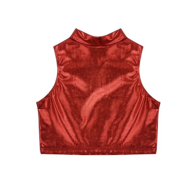 iixpin Kids Girls Metallic Sleeveless Crop Tank Tops for Ballet Dance Stage Performance Workout Red 12