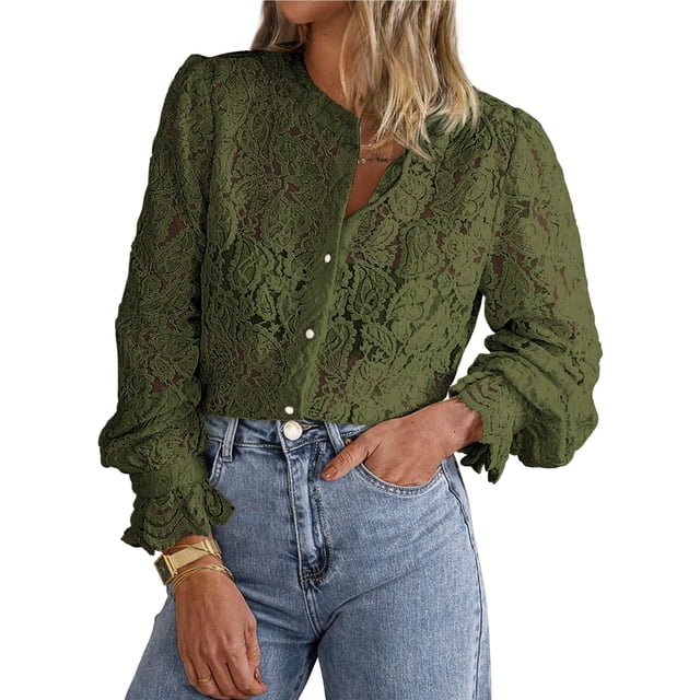 Blusa de Encaje PRETTYGARDEN Manga Larga con Botones Talla S