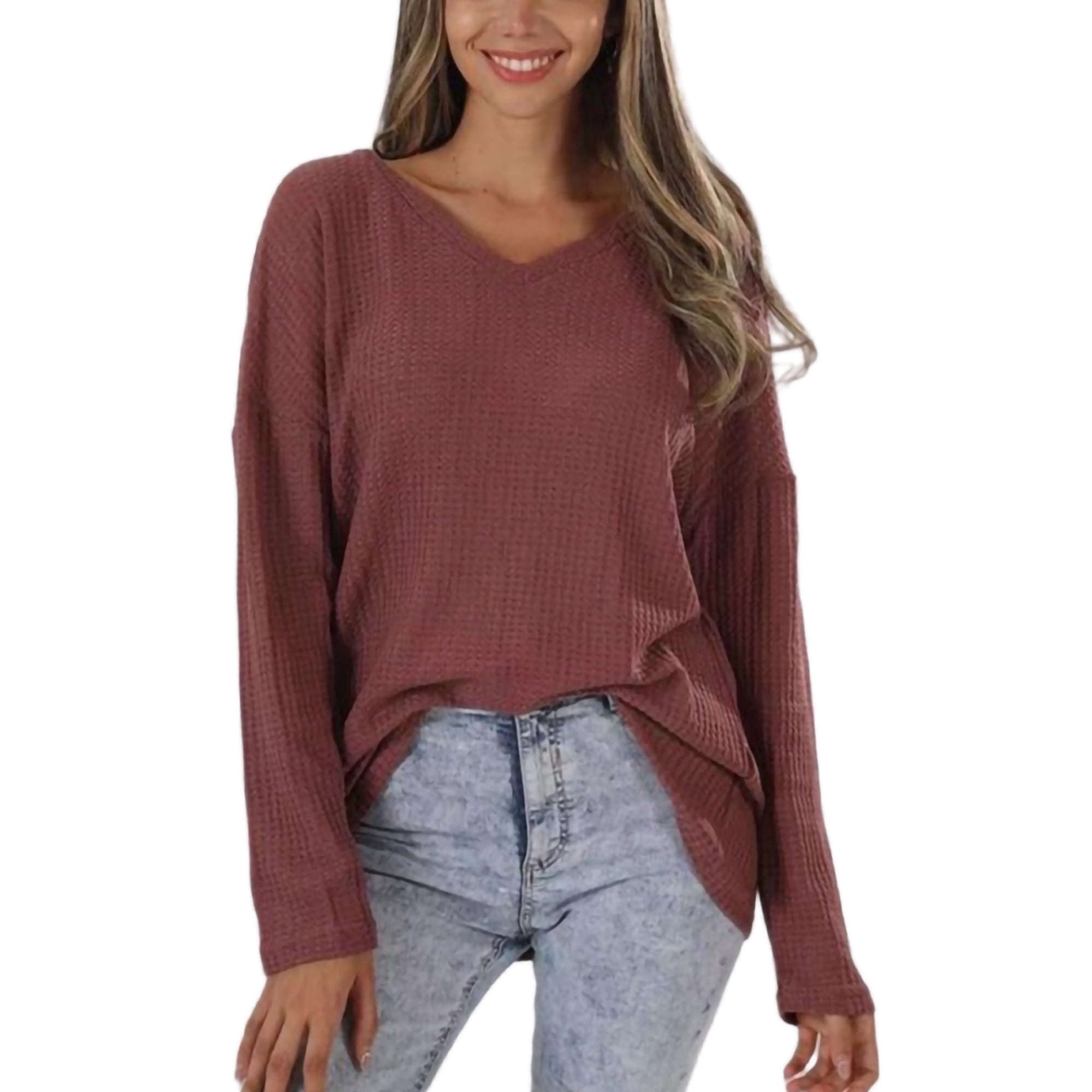 Sexy Dance Ladies Pullover V Neck Tops Solid T Shirt Baggy Basic Tee Long Sleeve Knitted Tile Red 3XL