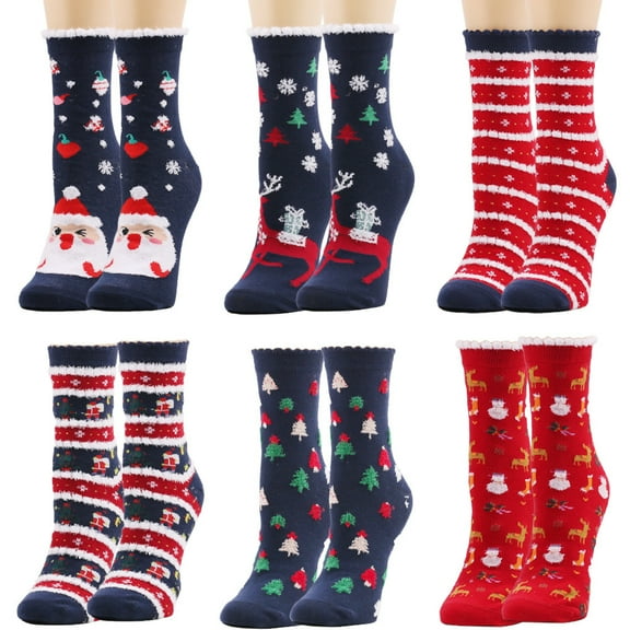 Monebena 6 Pairs Christmas Socks for Womens Cotton Fuzzy Socks Winter Warm Christmas  Floor Socks Christmas and New Year Gift for Girls M01