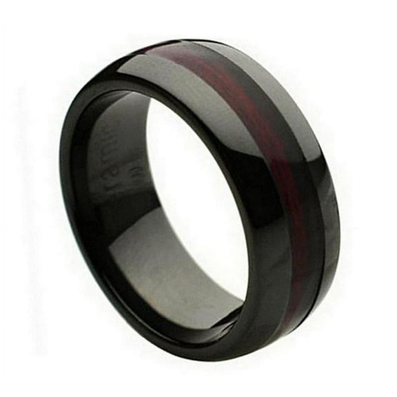 8mm Ceramic Domed Black with Burgundy Wood Laminate Inlay Wedding Band Ring For Men and Ladies