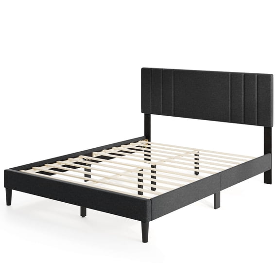 Infans Queen Size Bed Frame with Vertical Channel Tufted Headboard & Wooden Slats