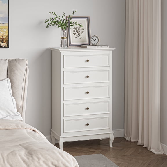 Royalcraft Dresser for Bedroom, Modern 5 Drawer Dresser with Solid Wood Legs and Painted Finish, Tall Chest of Drawers, Wooden Storage Cabinet Organizer for Living Room, Hallway, Entryway