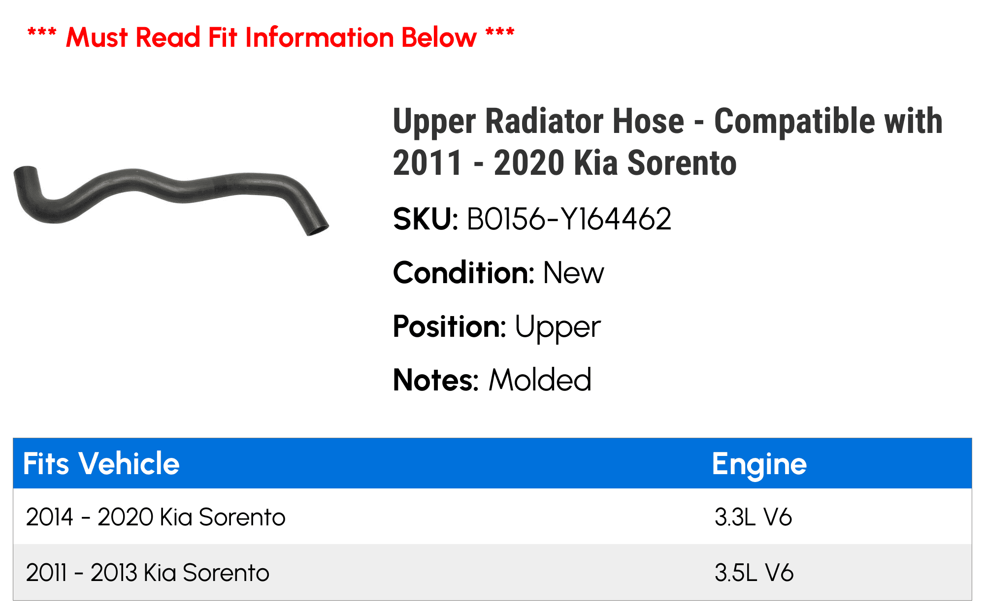 Upper Radiator Hose - Compatible with 2011 - 2020 Kia Sorento 2012 2013 2014 2015 2016 2017 2018 2019
