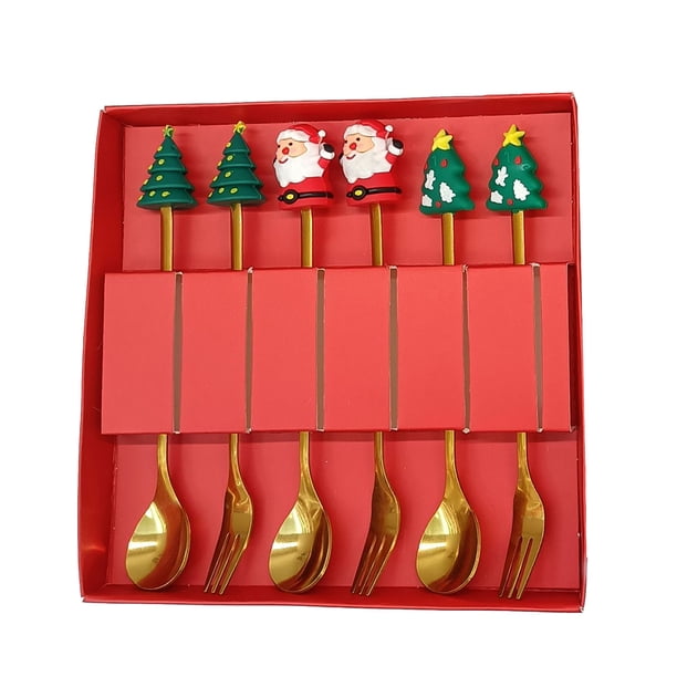 Juego de cucharas navideñas de acero inoxidable con tema de árbol, Papá Noel y estrella. Cucharas para remover café. Utensilios de cocina festivos con caja de regalo