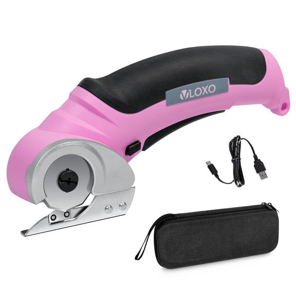 VLOXO Cordless Electric Scissors, Cardboard Cutter with Safety Lock 4.2V Electric Mini Cutter Power Rotary Scissors for Leather Felt Rug Box with Storage Box Pink