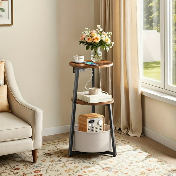 Rustic Brown, Small Round Side Table With Charging Station, Round End Accent Table With Fabric Storage Basket, Compact Sofa Bedside Table For Small Space In Living Room, Bedroom
