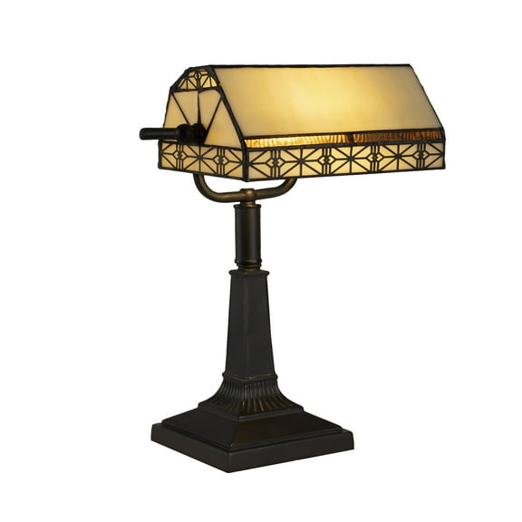 Lavish Home Tiffany-Style LED Bankers Lamp with Stained Glass Shade (Brown)