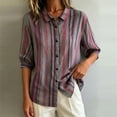 thumbnail image 4 of Morttic Women's Striped Lapel Collar Button Down Shirt – Collared Puff 3/4 Sleeve Blouse, Casual Loose Summer Top Purple，S, 4 of 6