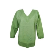 Mogul Indian Green Blouse Top Cotton Floral Embroidered Comfy Tops