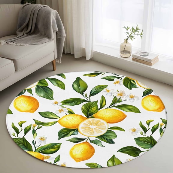 White Flowers Round Rug 3ft Washable Circle Entryway Rugs Non Slip Countryside Lemon Fruit Garden Area Rug Indoor Floor Carpet for Bedroom Kitchen Living Room Home Office Dining Room Nursery