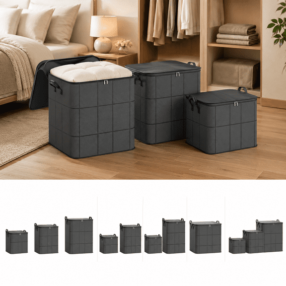 Dust-Proof Comforter and Bedding Organizer, Large Capacity Foldable Storage Bin with Zipper Cover and Reinforced Carry Handles, Blanket Quilt Clothes Storage Solution for Home Organization, S