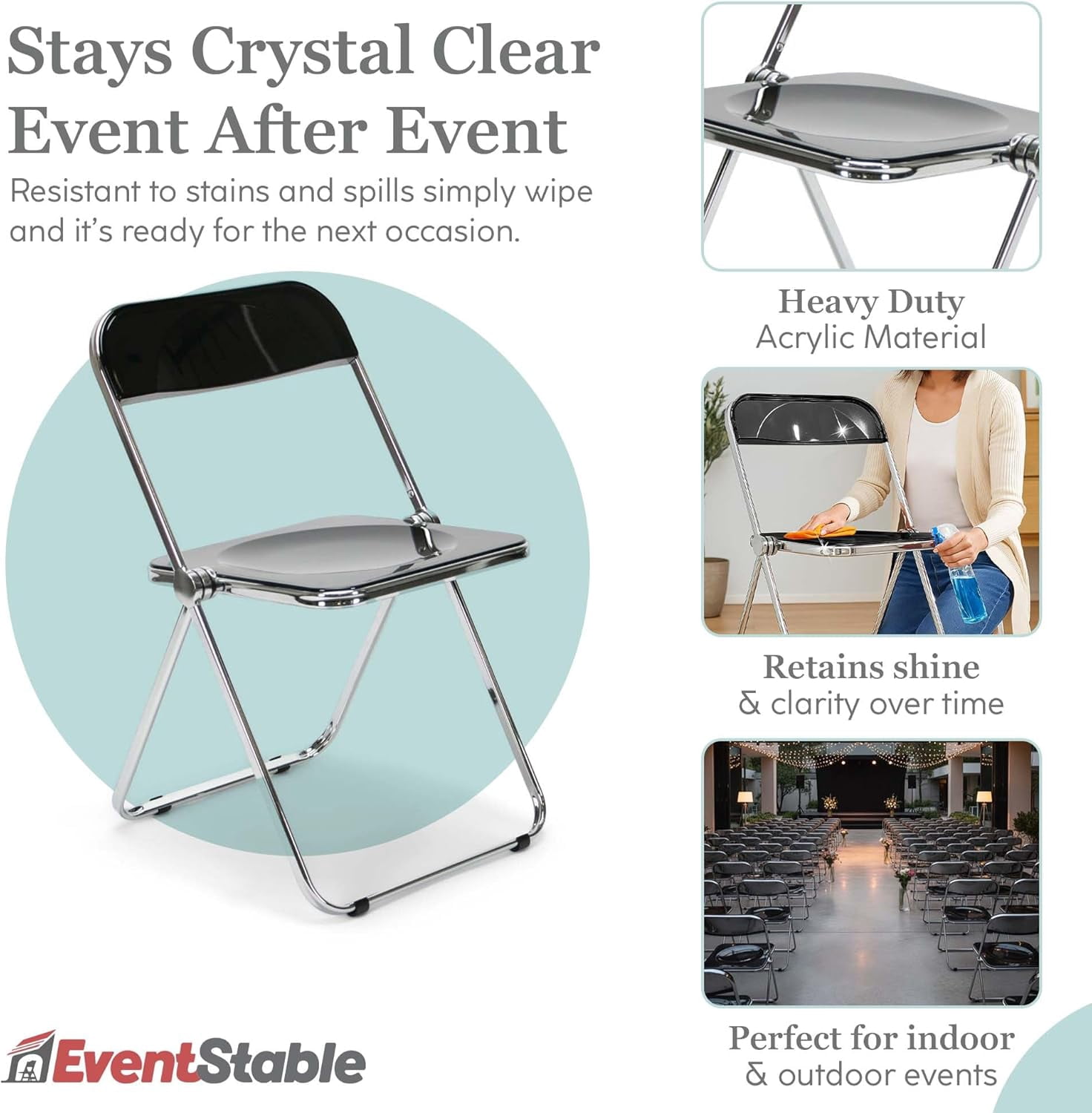 EventStable Clear Acrylic Folding Chair with Electroplate Chrome Frame, Lightweight Portable Seating Stackable Comfortable Chair for Indoor Outdoor Dining, Events & Parties - Onyx - 4-Pack