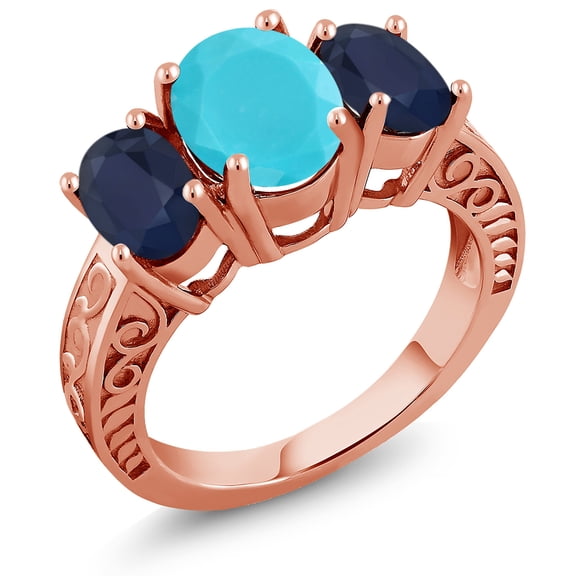 Gem Stone King 3.50 Ct Oval Green Turquoise Blue Sapphire 18K Rose Gold Plated Silver Ring (Size 9)