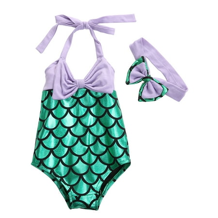 

Gwiyeopda Toddler Baby Girls Mermaid Princess Bathing Suit with Headband Halter Bowknot Swimwear