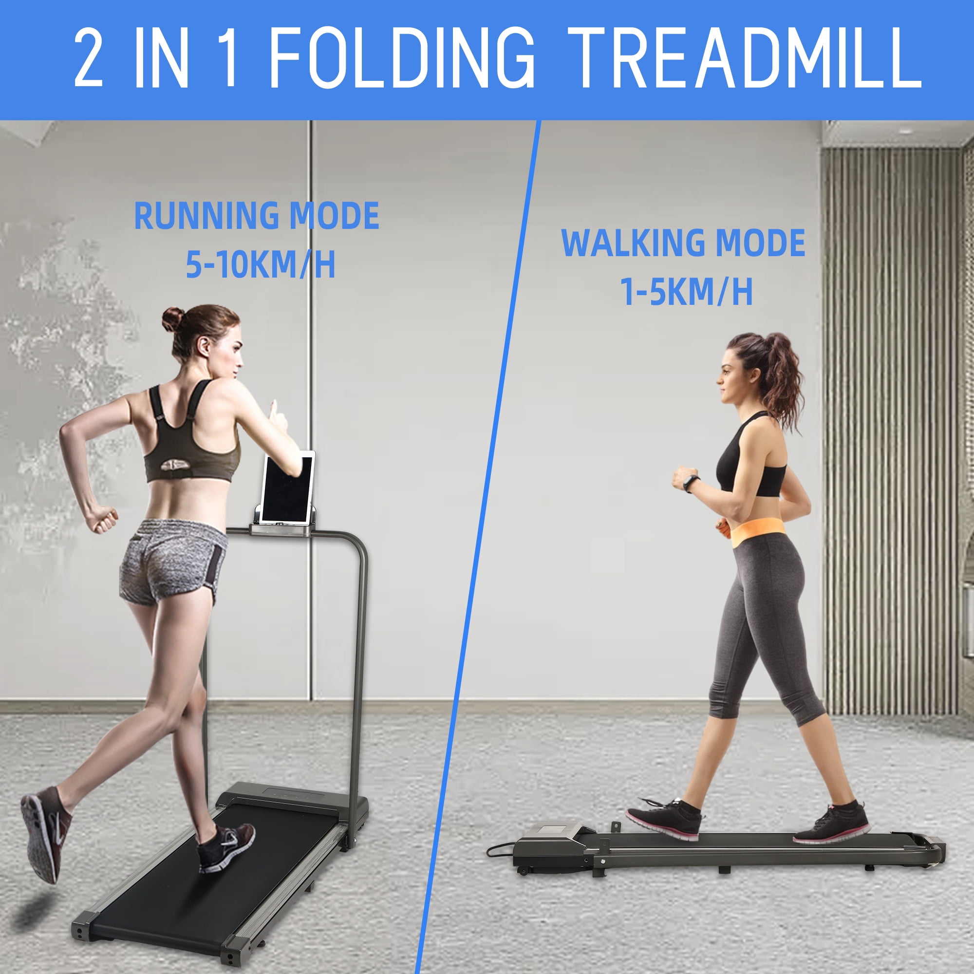 BITOUSHI 2 in 1 Folding Treadmill 3.0HP Under Desk Electric Treadmill Installation-Free with Remote Control APP Control and LED Display, Walking Jogging for Home Office - Grey