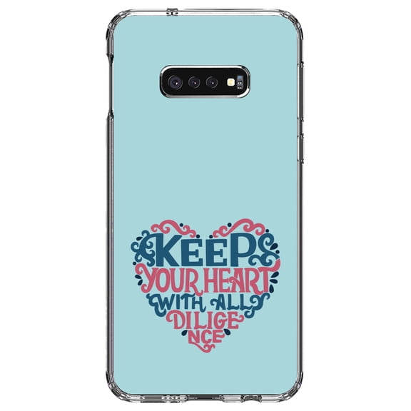 DistinctInk Clear Shockproof Hybrid Case for Samsung Galaxy S10e (5.8" Screen) - TPU Bumper, Acrylic Back, Tempered Glass Screen Protector - Keep Your Heart With All Diligence