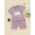 thumbnail image 4 of Musuos Baby Girl 2 Piece Summer Outfits 6 12 18 24M 3T Round Neck Letter Print Short Sleeve Tops + Elastic Waist Shorts Infant Toddler Set, 4 of 10